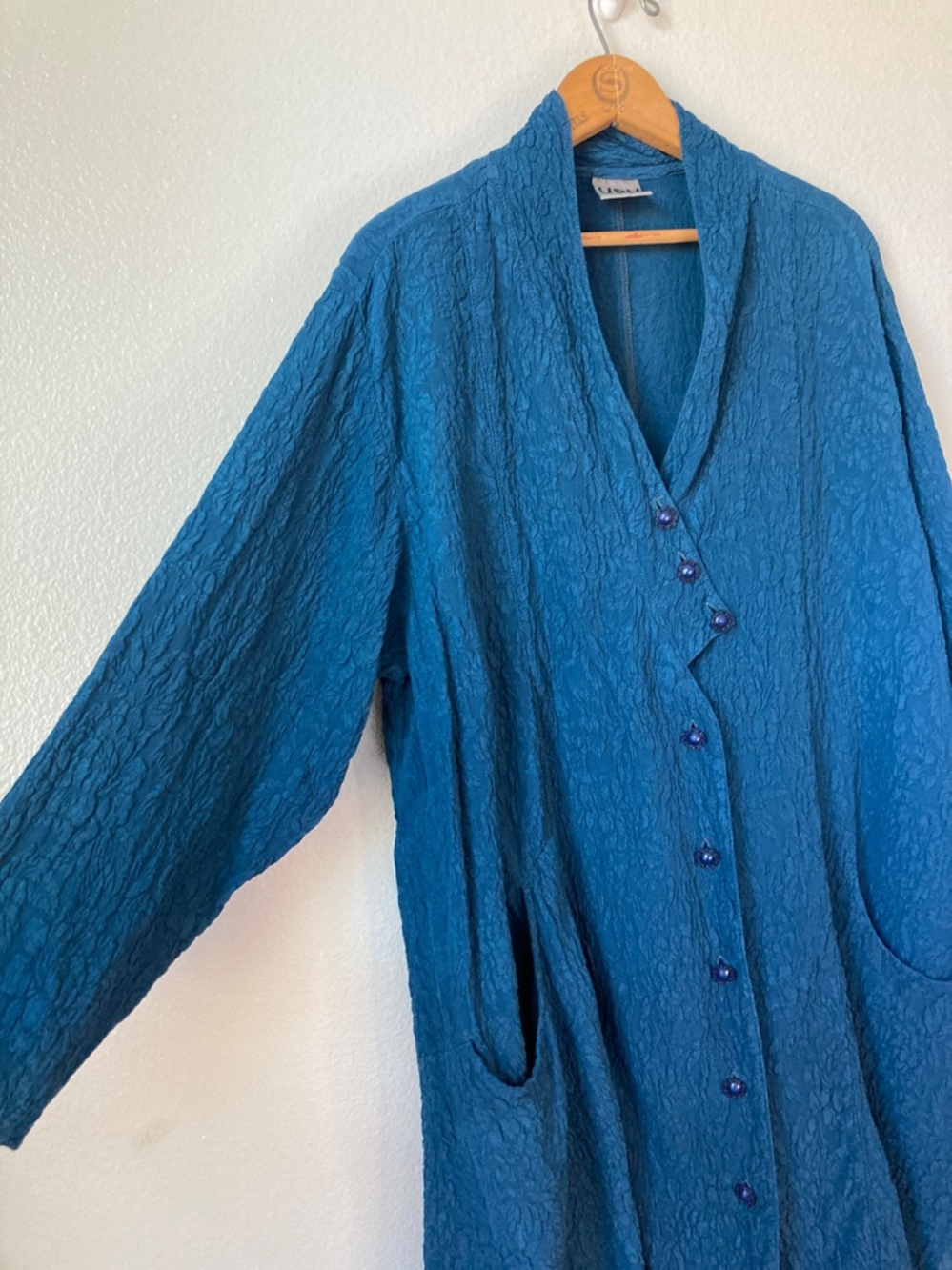 Vintage 90s URU Dark Teal Silk Textured Floral Tunic Jacket Artsy Global 2 M/L - Picture 3 of 11